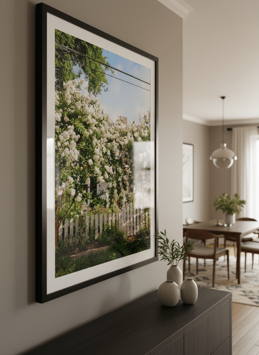 Wall art styled above a dining table in a contemporary home