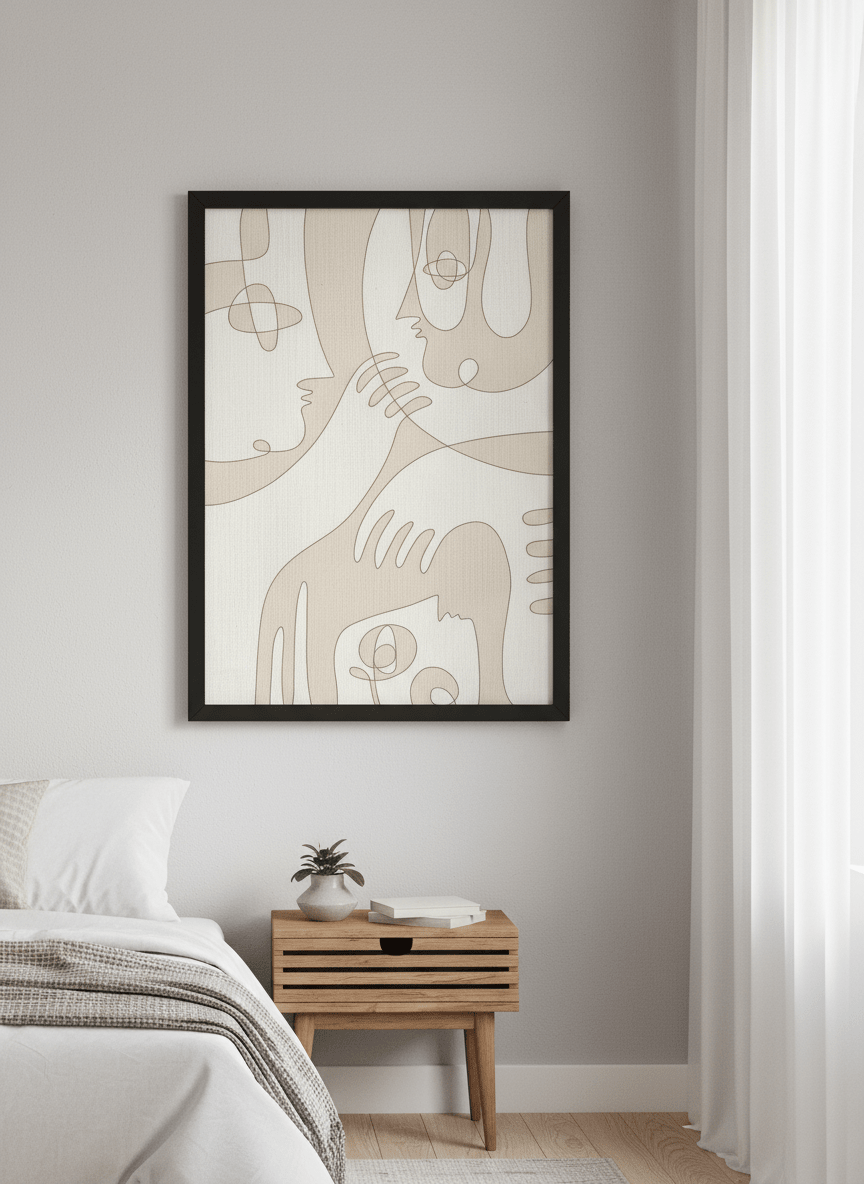 Minimalist artwork displayed in a calm, light-filled bedroom interior