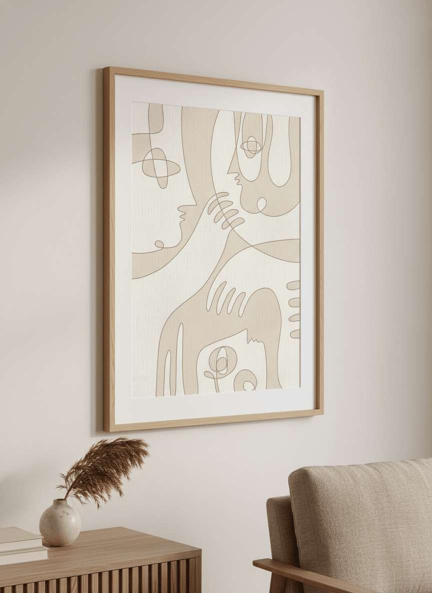 Modern wall art styled above a sofa in a neutral living room