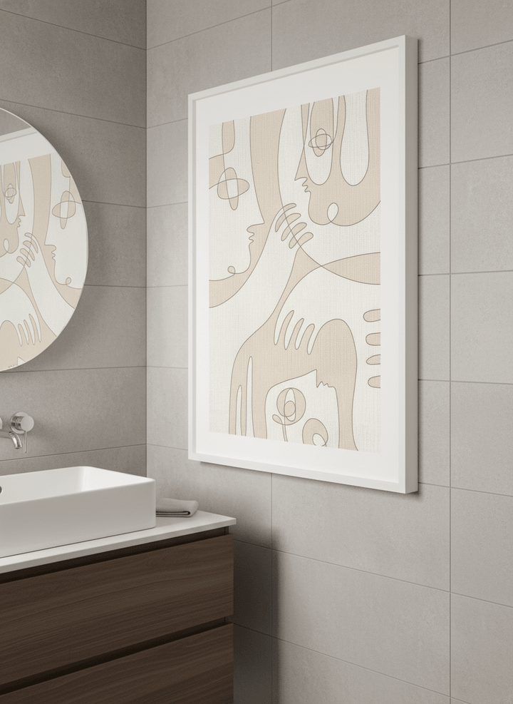 Modern print displayed in a clean minimalist bathroom setting
