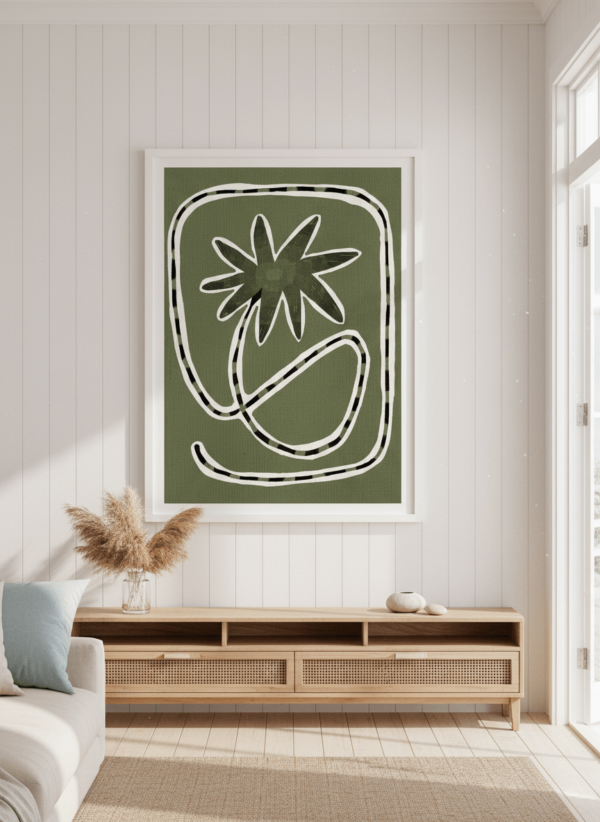 Neutral wall art displayed in a sunny coastal beach house