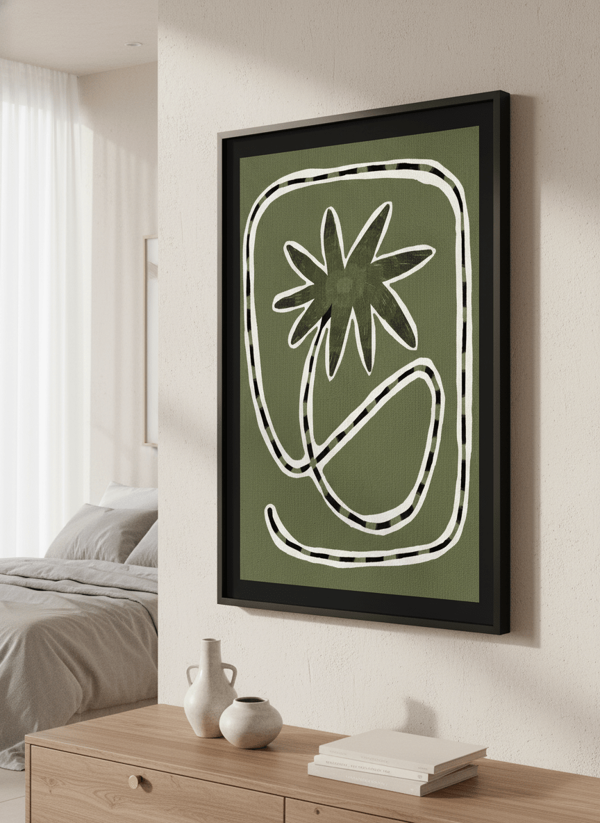 Minimalist artwork displayed in a calm, light-filled bedroom interior