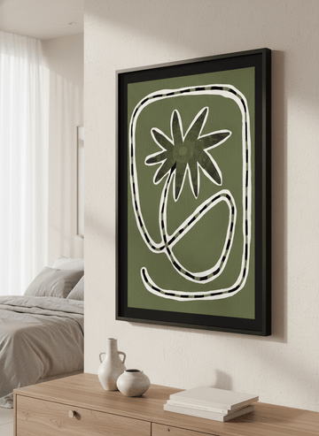 Minimalist artwork displayed in a calm, light-filled bedroom interior