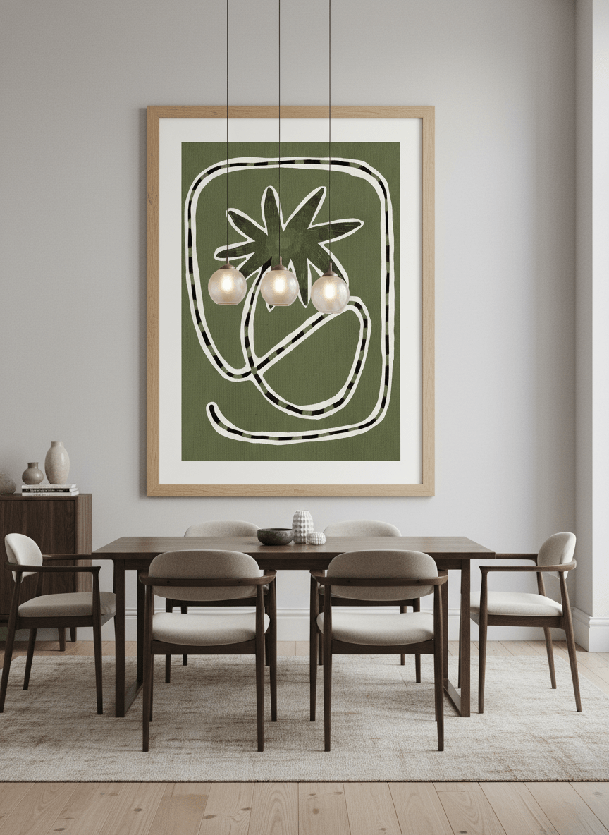Wall art styled above a dining table in a contemporary home