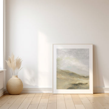 Landscape painting on a wall next to a vase with dried plants.