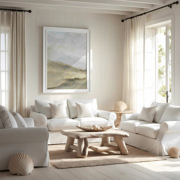 Modern living room with white furniture, neutral decor, and a large window.