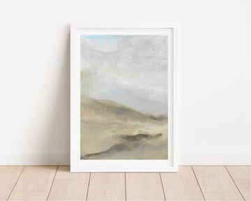 Abstract art print on a white wall with wooden floor