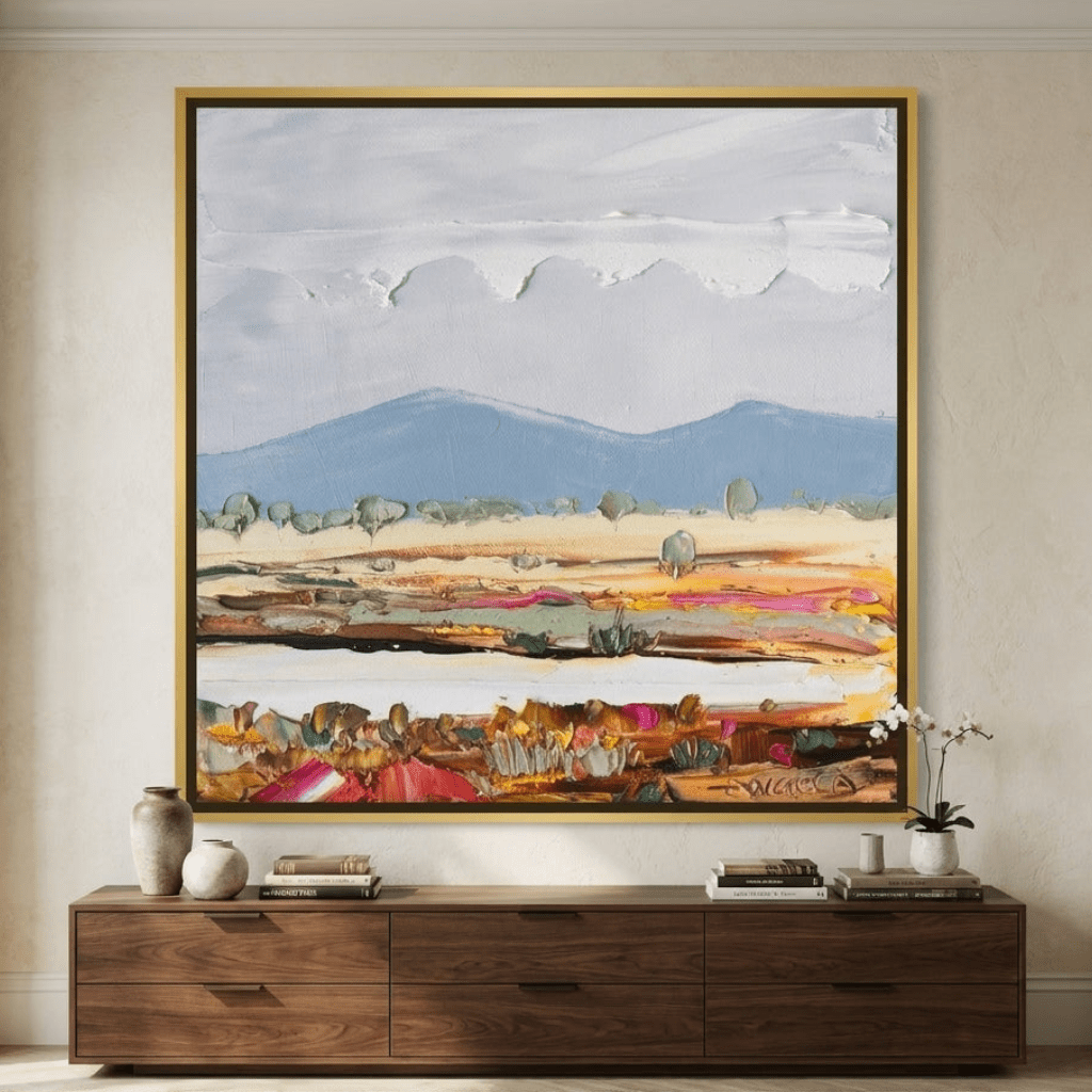 Canvas wall art with a gold leaf surround styled in a luxe interior