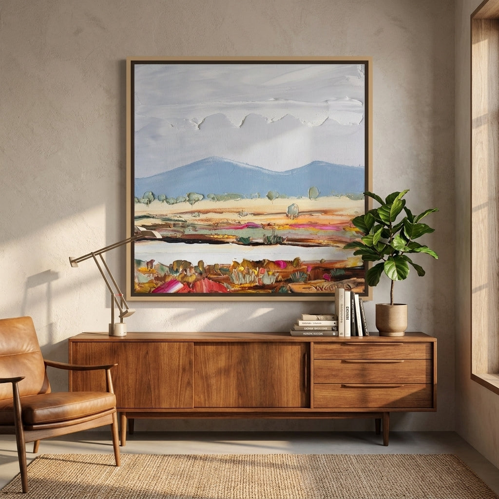 Canvas wall art with a natural timber surround styled in a bright modern office