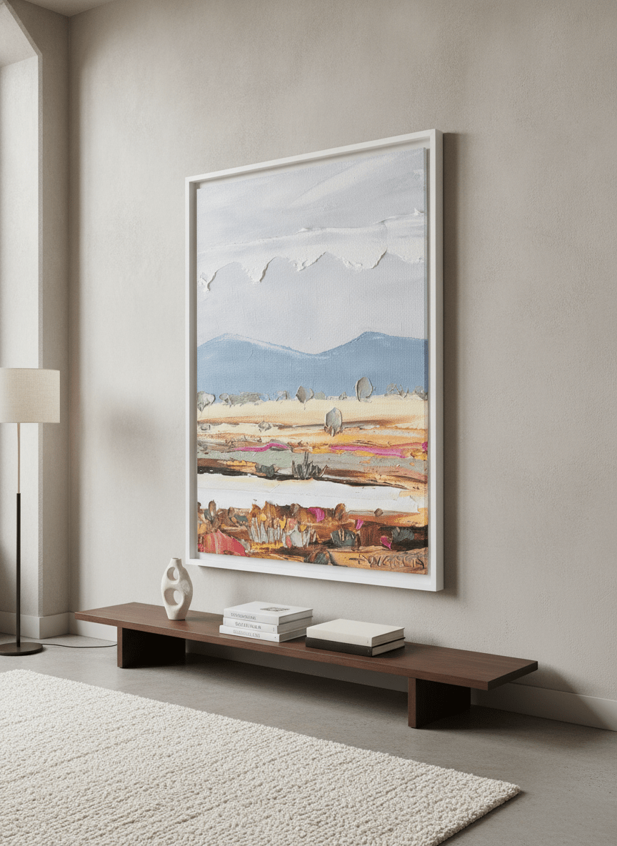 Monumental artwork centred on a feature wall in a luxe interior