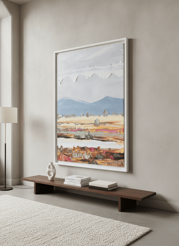 Monumental artwork centred on a feature wall in a luxe interior