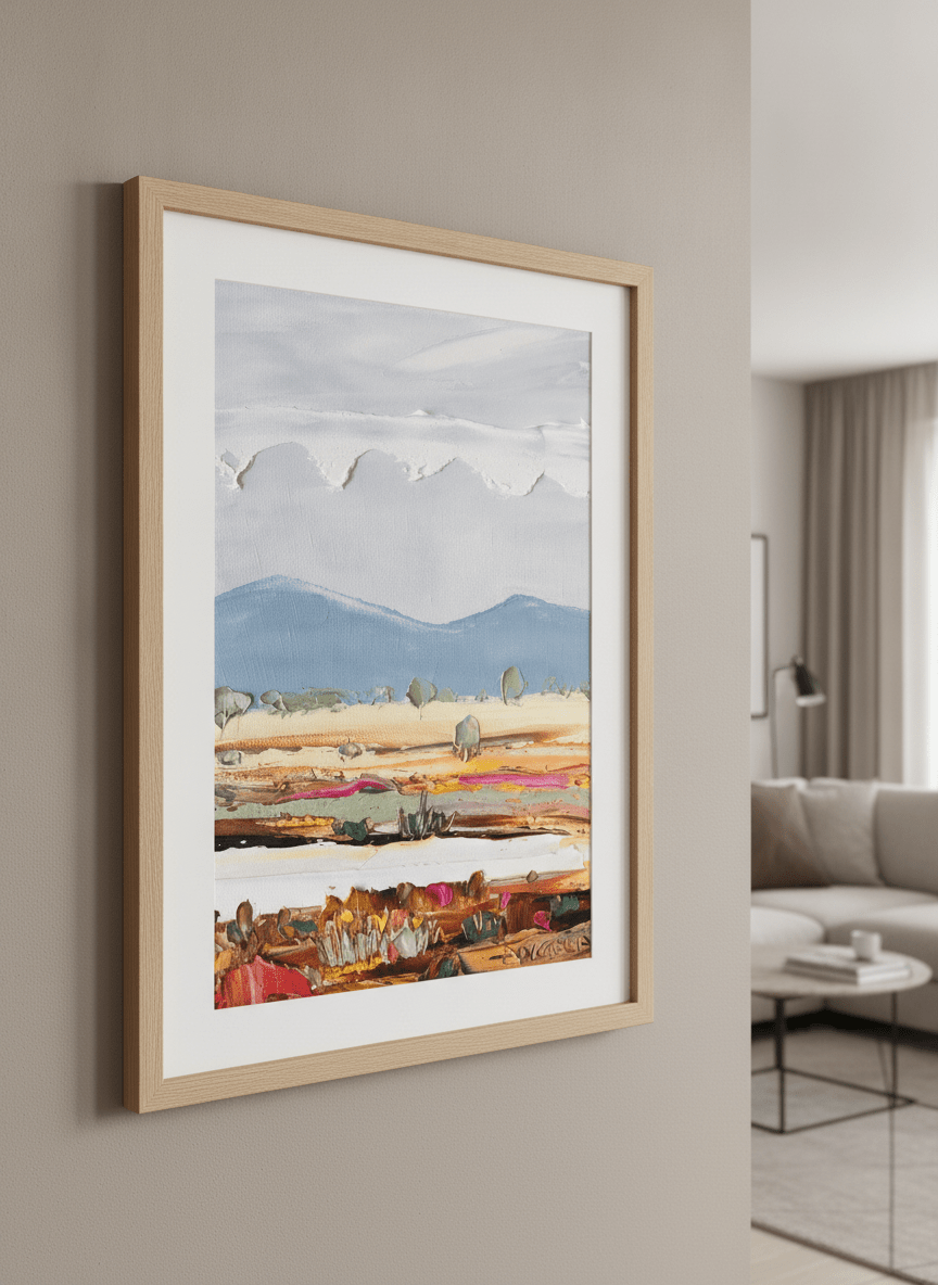 Modern wall art styled above a sofa in a neutral living room
