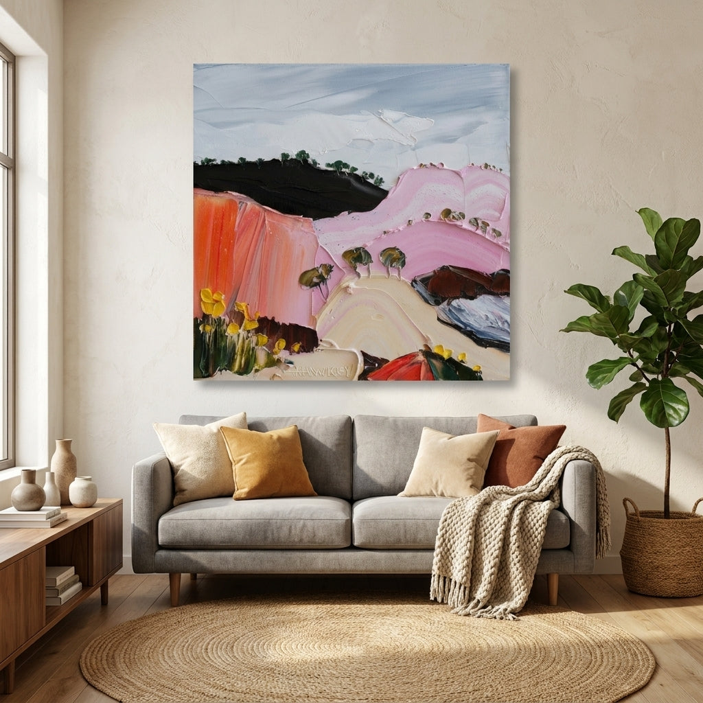 Stretched canvas wall art styled in a neutral living room