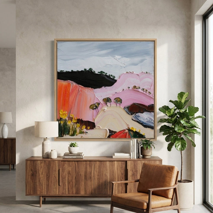 Canvas wall art with a natural timber surround styled in a bright modern office