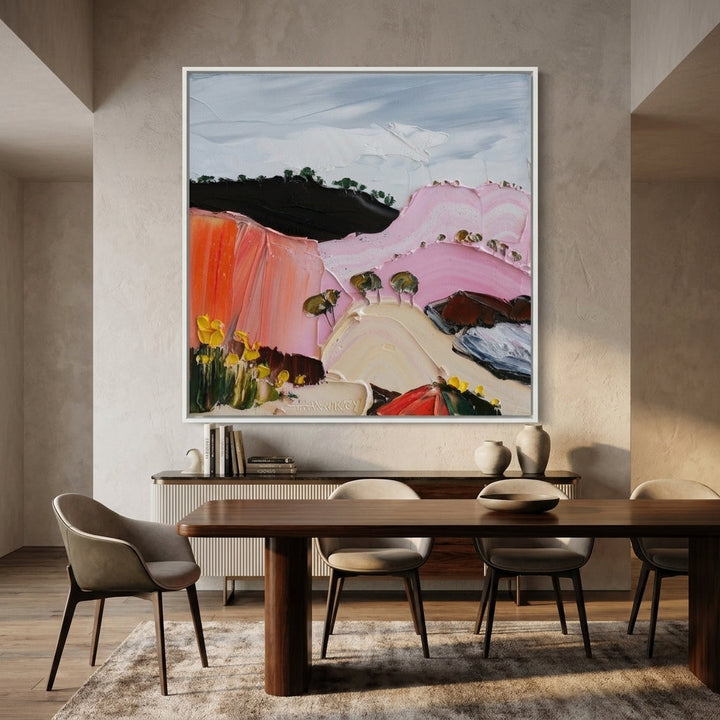 Oversized statement canvas wall art with a white surround styled in a luxe interior