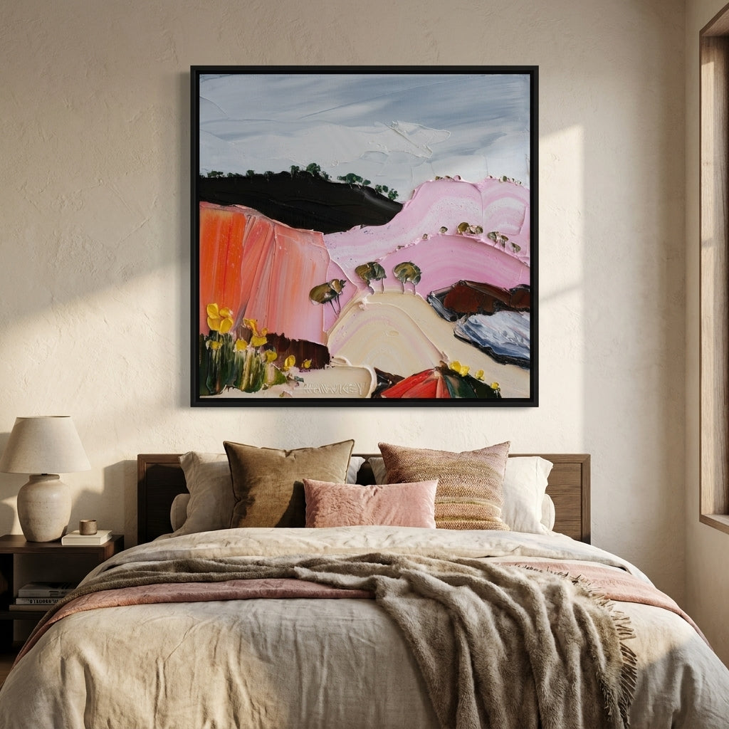 Canvas wall art with a black surround styled in a calm, light-filled bedroom