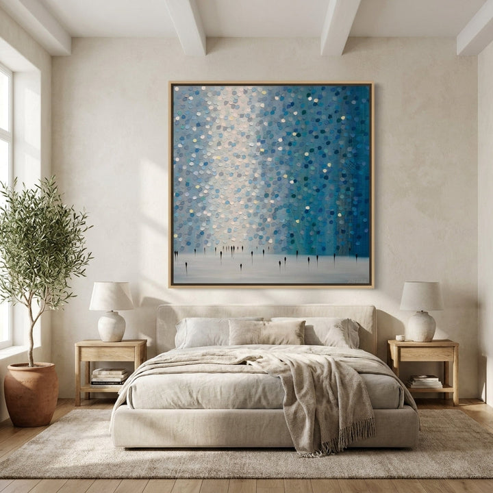 Oversized statement canvas wall art with a natural timber surround styled in a calm, light-filled bedroom
