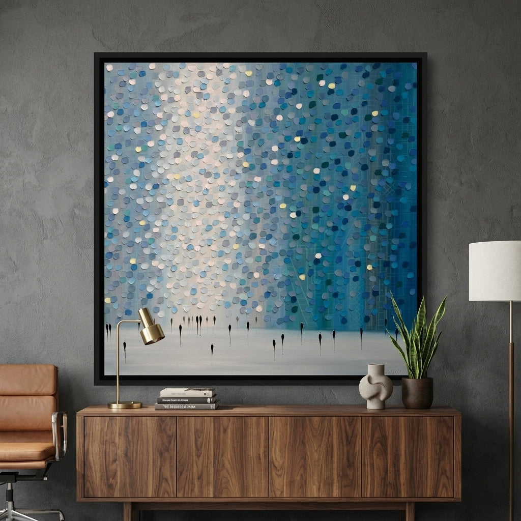 Canvas wall art with a black surround styled in a bright modern office