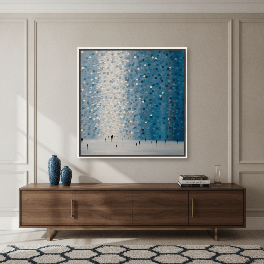 Oversized statement canvas wall art with a white surround styled in a luxe interior
