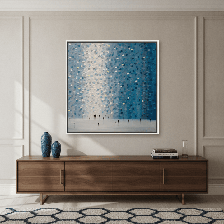 Oversized statement canvas wall art with a white surround styled in a luxe interior