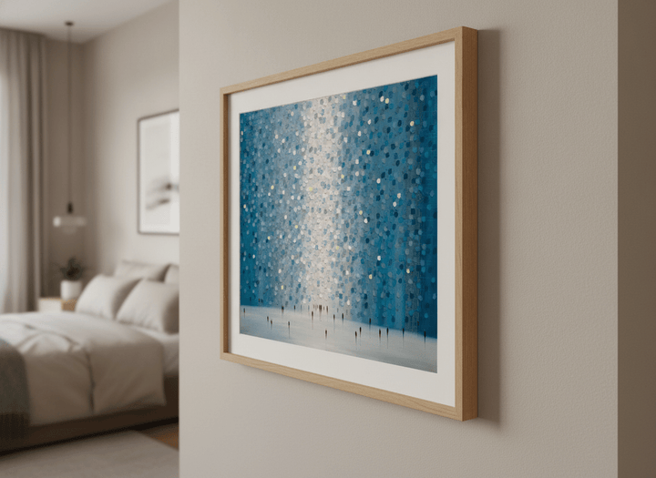 Minimalist artwork displayed in a calm, light-filled bedroom interior