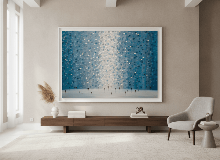 Monumental artwork centred on a feature wall in a luxe interior