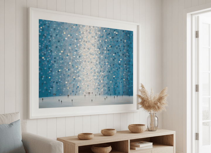 Neutral wall art displayed in a sunny coastal beach house