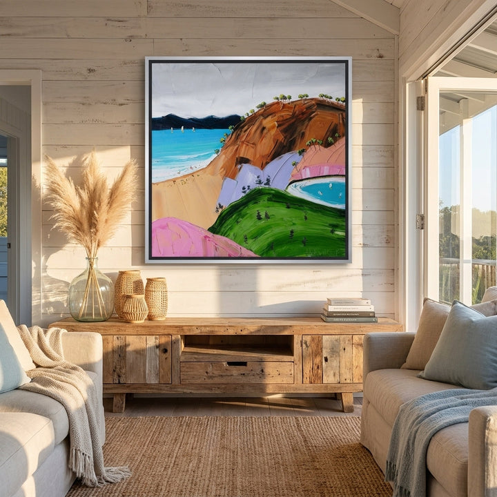 Canvas wall art with a silver leaf surround styled in a sunny coastal beach house