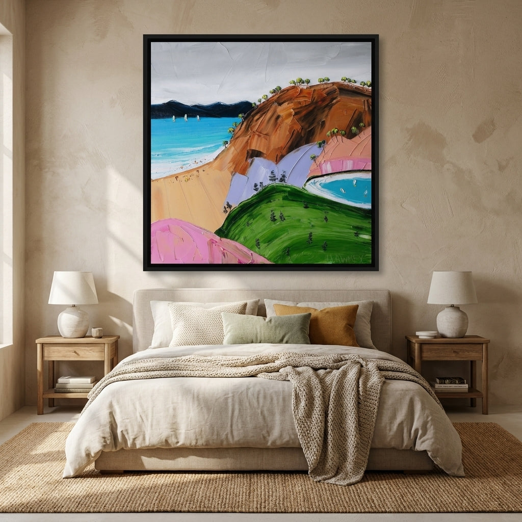 Canvas wall art with a black surround styled in a calm, light-filled bedroom