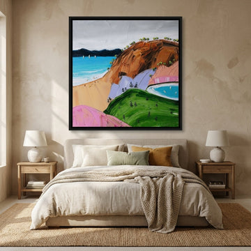 Canvas wall art with a black surround styled in a calm, light-filled bedroom
