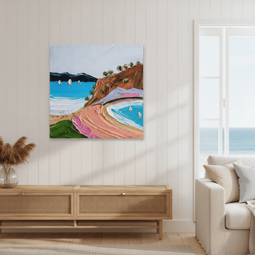 Stretched canvas wall art styled in a sunny coastal beach house
