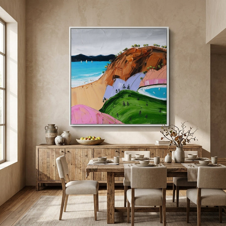 Oversized statement canvas wall art with a white surround styled in a contemporary dining room