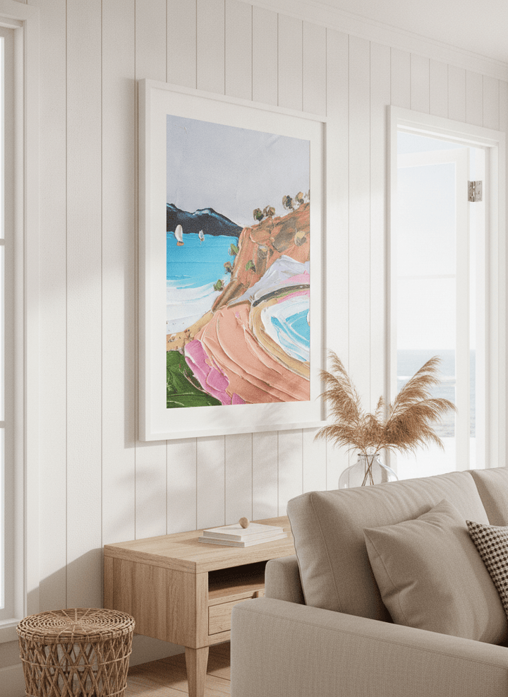 Neutral wall art displayed in a sunny coastal beach house