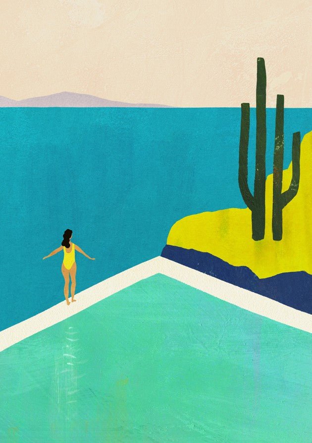 Illustration of a person standing on a pool edge with a cactus and ocean view. framed