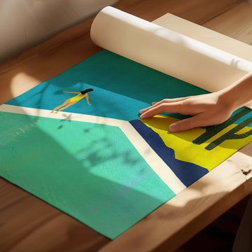 Person rolling out a colorful yoga mat with a design of a person in a pool.