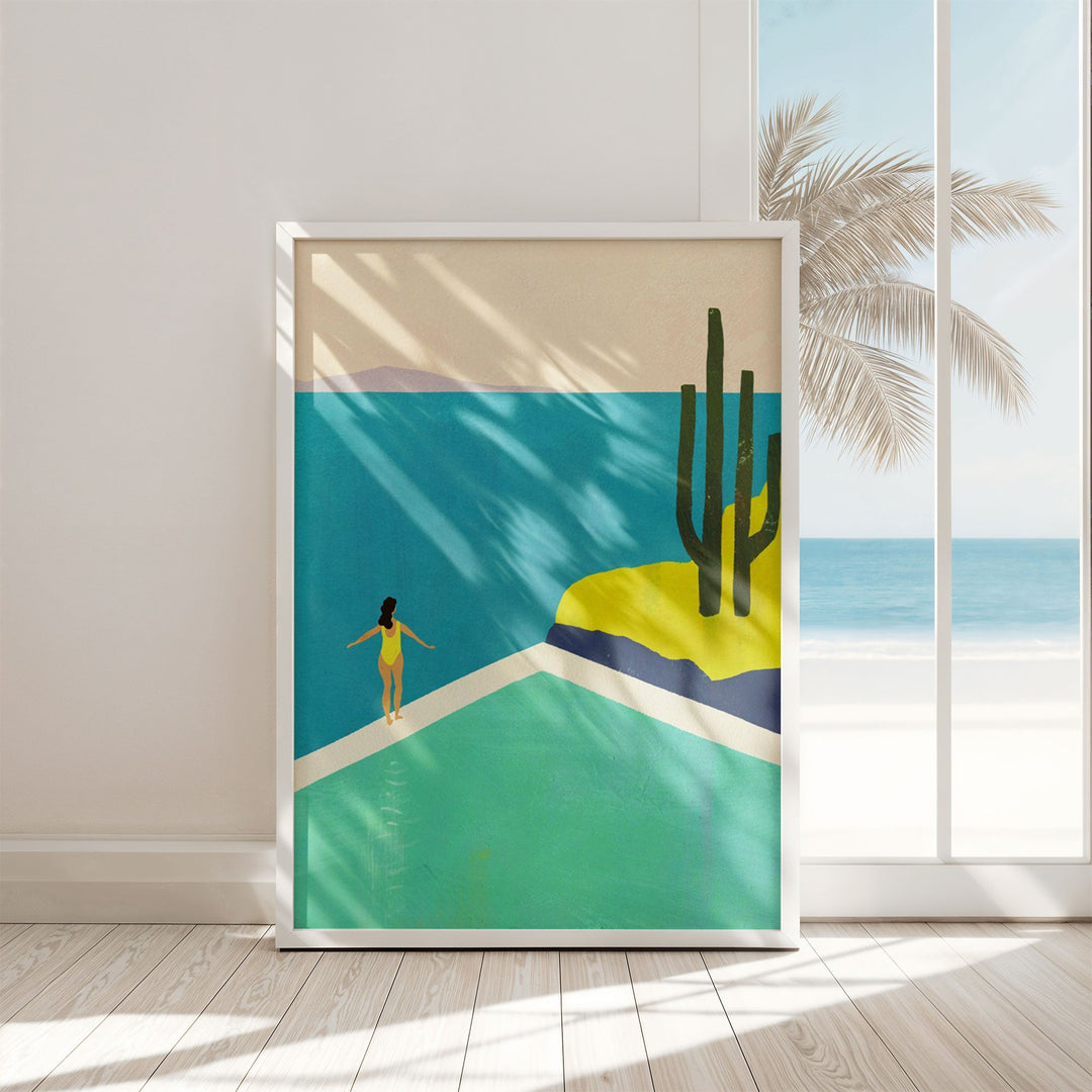 Artwork of a woman on a beach with palm trees and ocean view