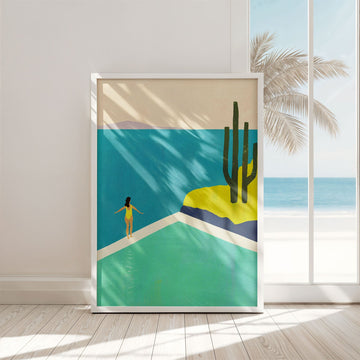 Artwork of a woman on a beach with palm trees and ocean view
