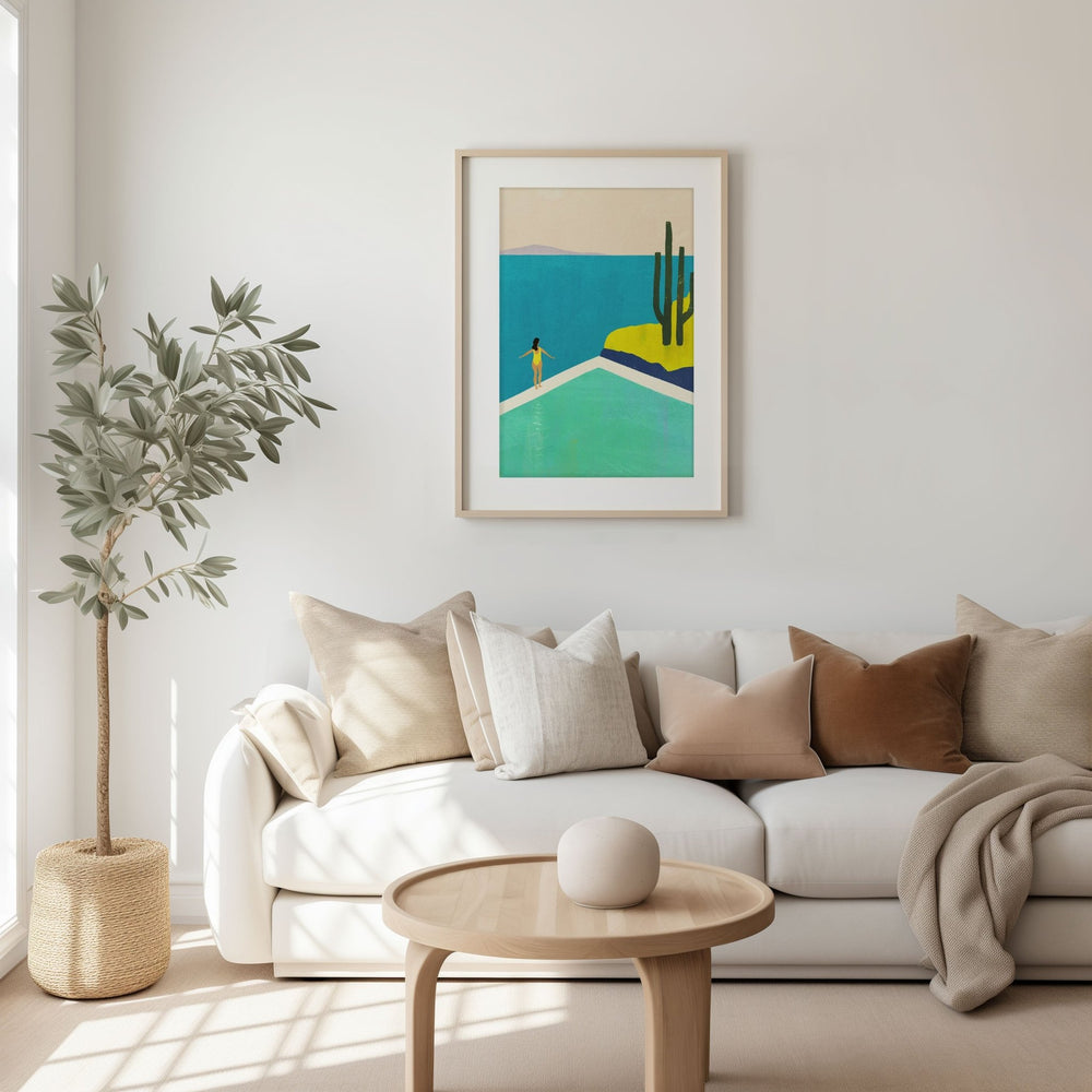 Modern living room with a white sofa, wooden coffee table, and abstract art on the wall.