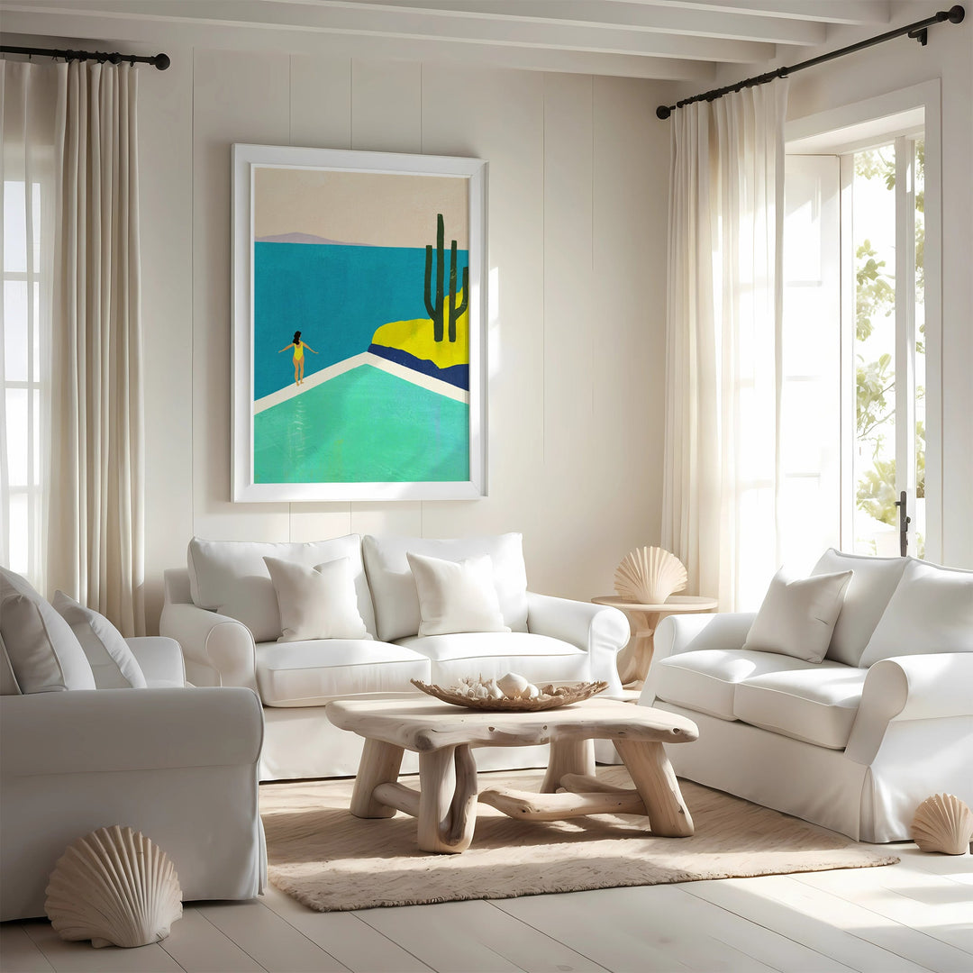 Modern living room with white furniture, a wooden coffee table, and a colorful abstract painting on the wall.