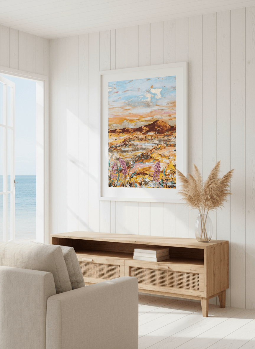 Neutral wall art displayed in a sunny coastal beach house