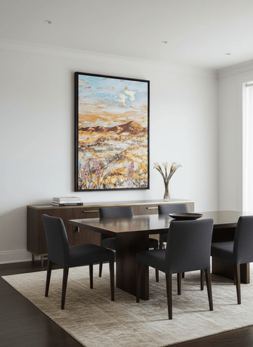 Monumental artwork centred on a feature wall in a luxe interior