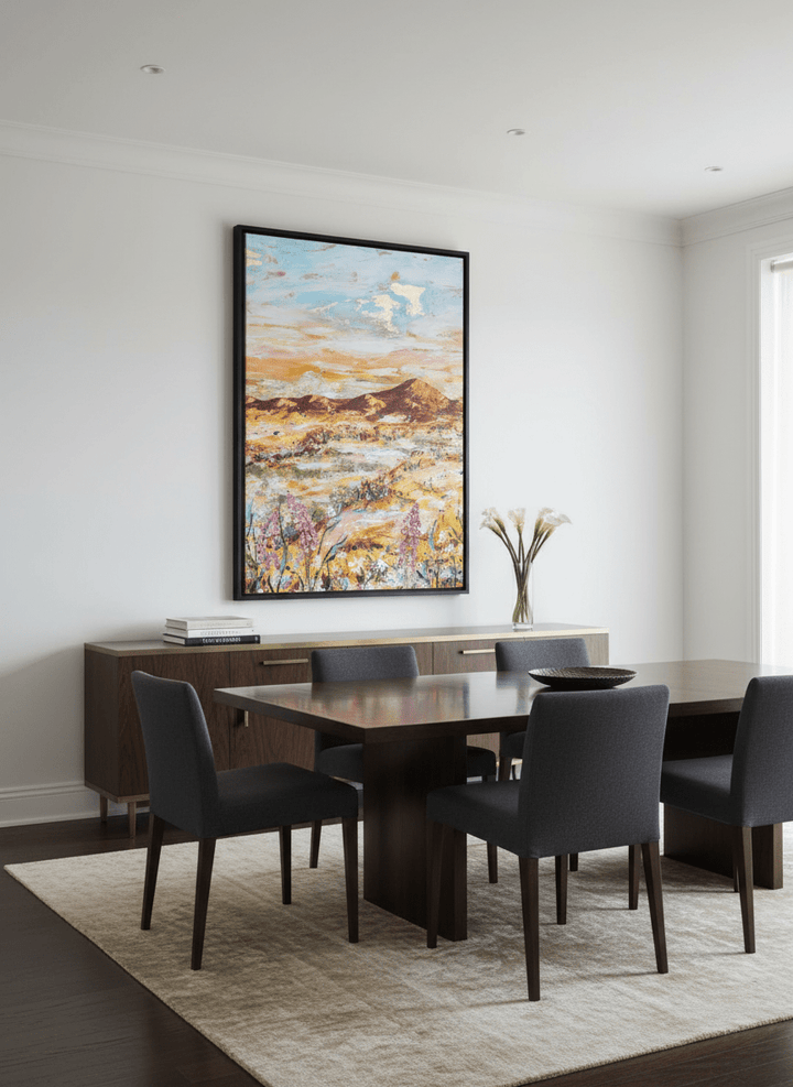 Monumental artwork centred on a feature wall in a luxe interior