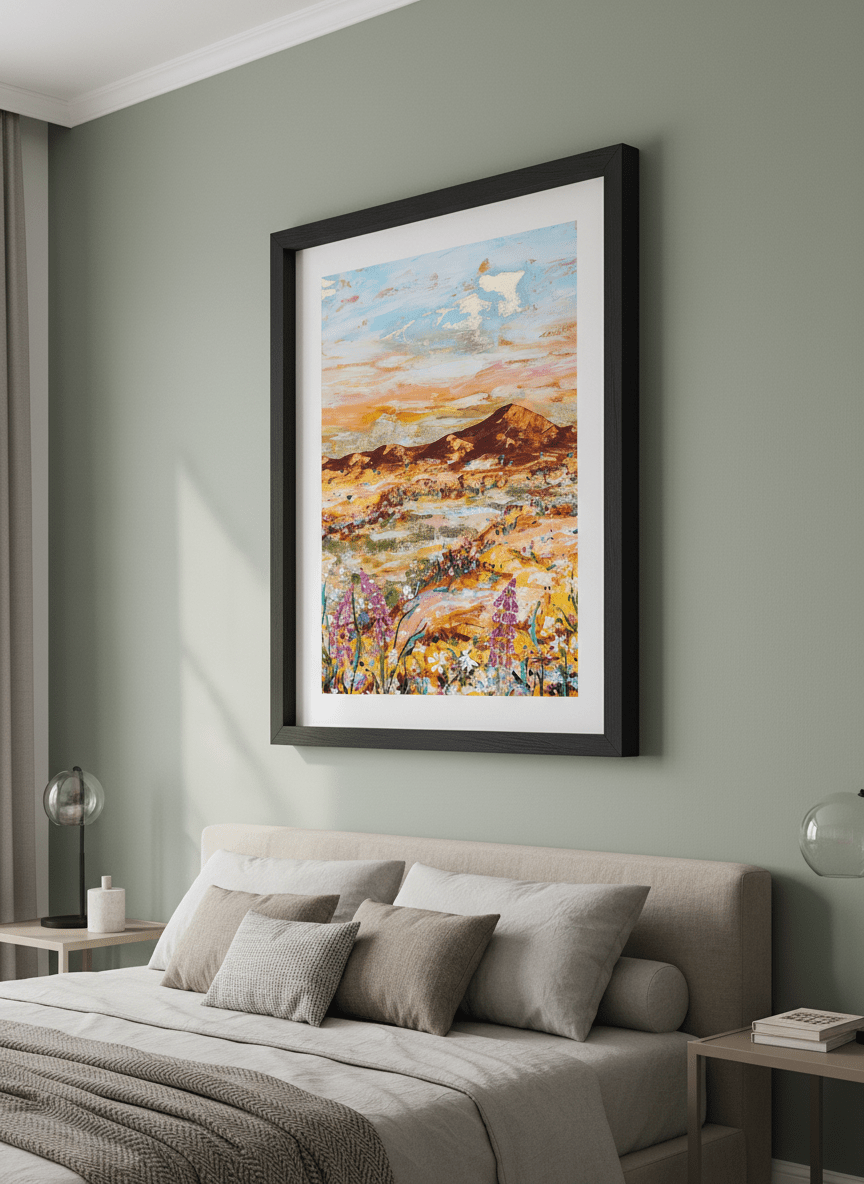 Minimalist artwork displayed in a calm, light-filled bedroom interior