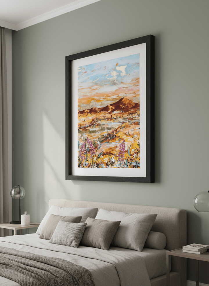 Minimalist artwork displayed in a calm, light-filled bedroom interior