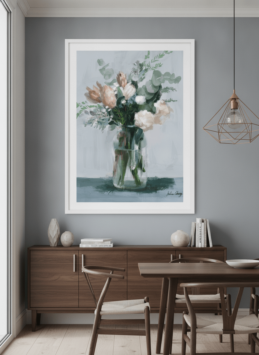 Wall art styled above a dining table in a contemporary home
