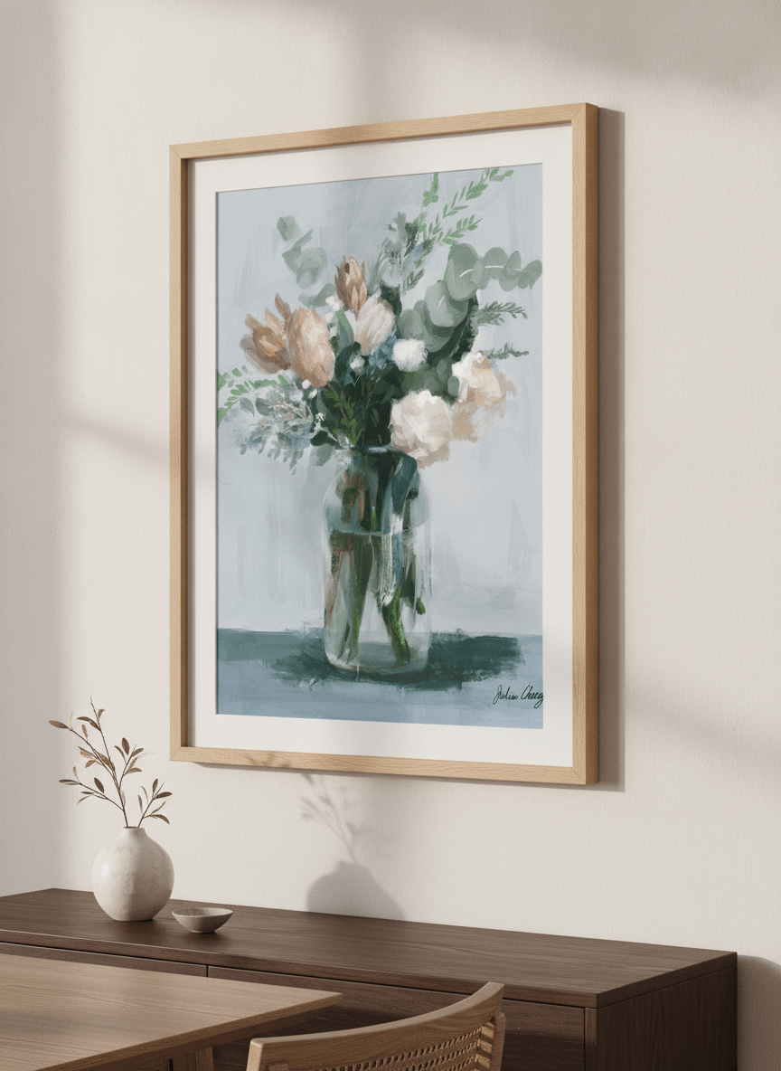 Wall art styled above a dining table in a contemporary home