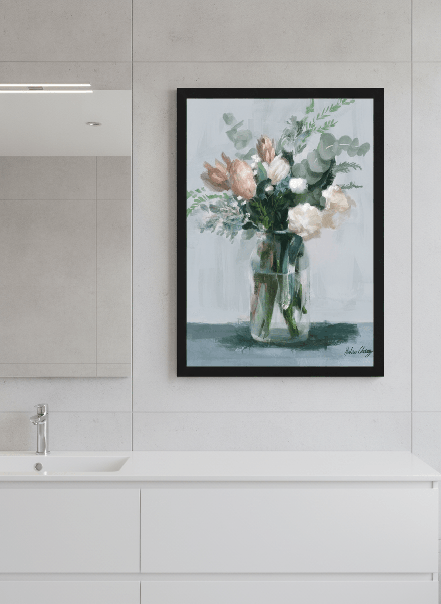 Modern print displayed in a clean minimalist bathroom setting
