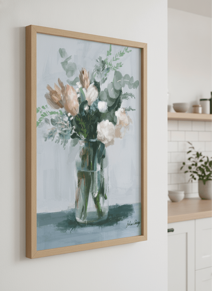 Artwork styled on the wall of a bright modern kitchen