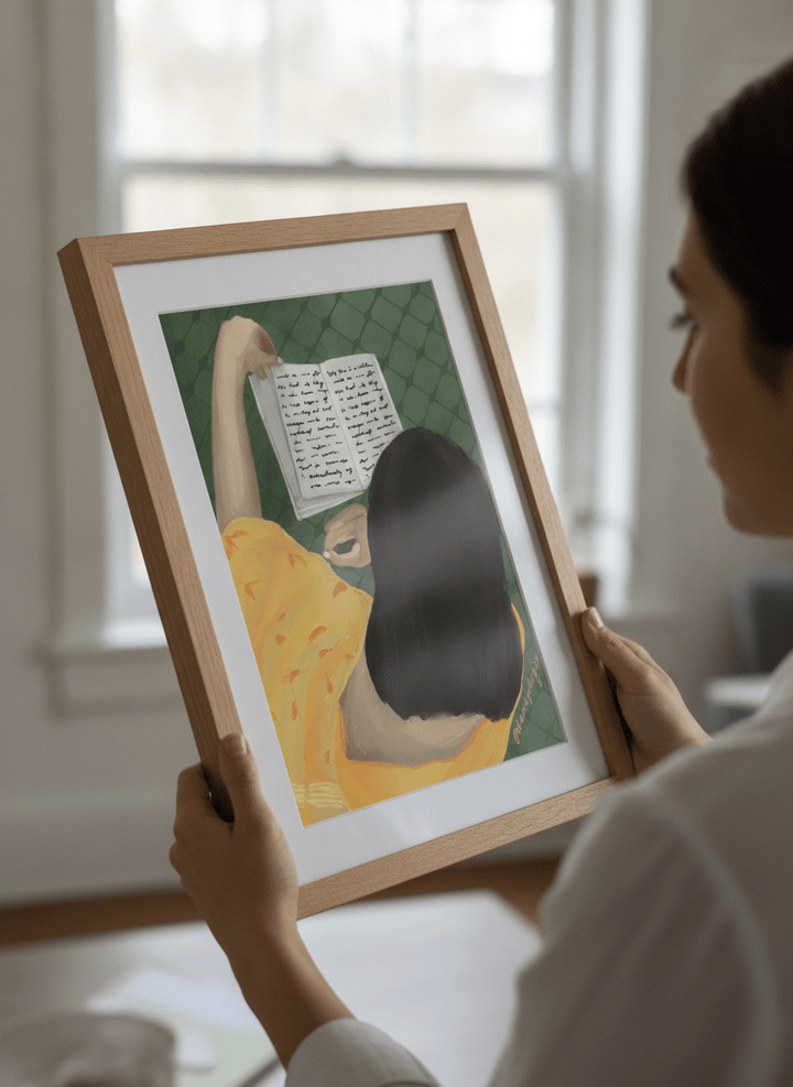 Person showcasing the artwork against a clean modern interior wall