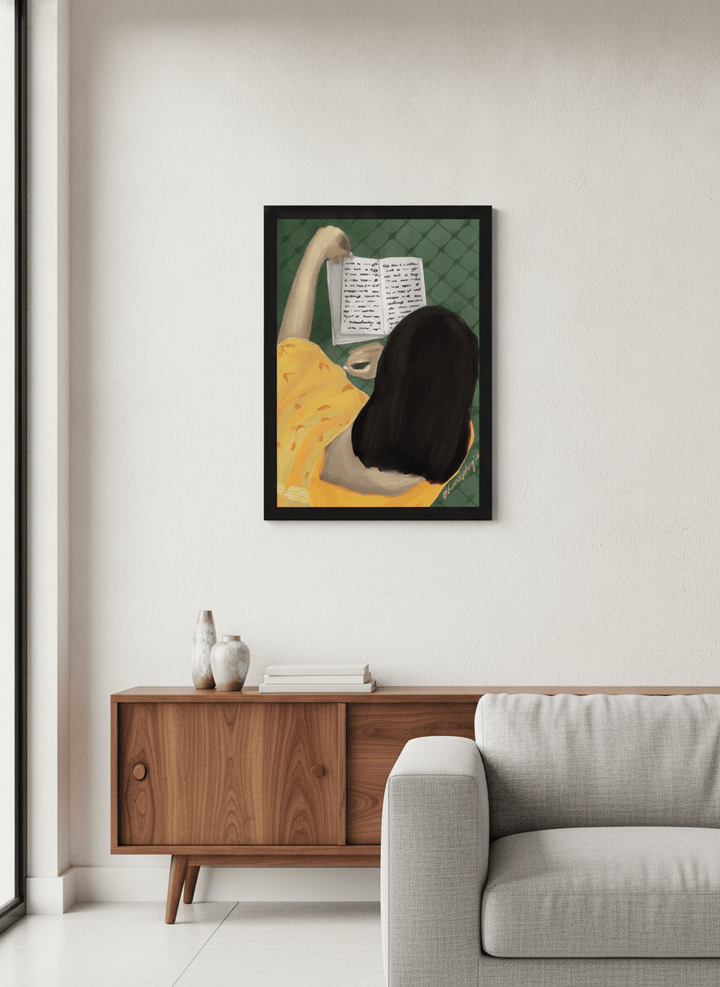 Artwork displayed above a credenza in a real-looking contemporary home
